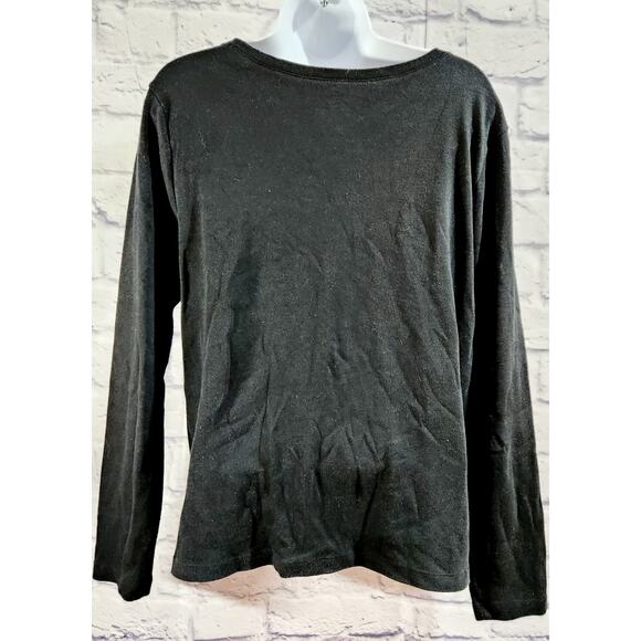 Black Red Gold Santa Print Believe Embroidered Top Large Lightweight Soft - Picture 4 of 5